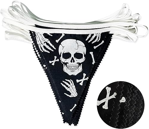 Miniatura 2 de Decoraciones de fiesta de Halloween en blanco y negro de 32 pies, banderines de tela de calavera, banderines de pirata, banderines triangulares,