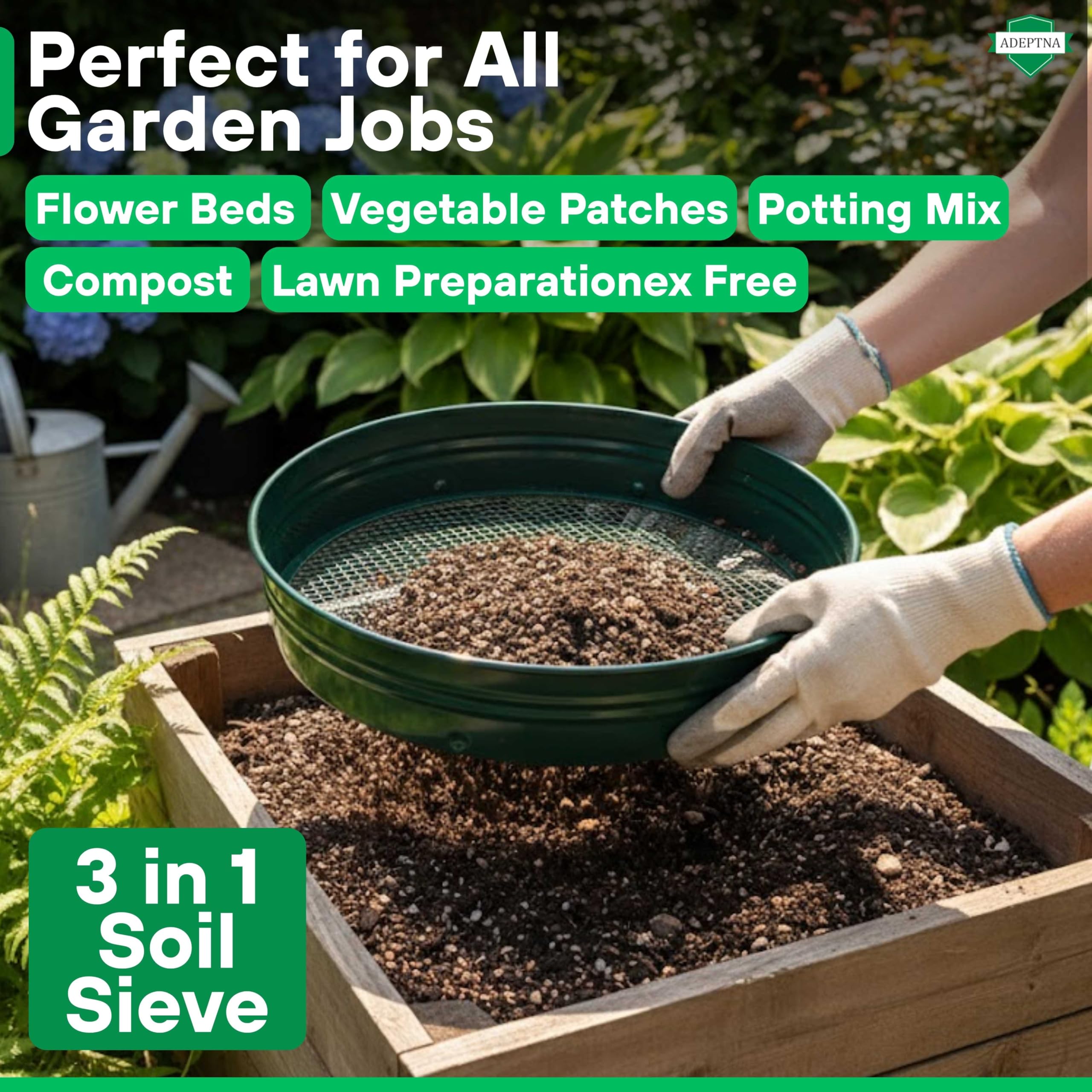 ADEPTNA Metal Garden Soil Sieve Riddle with Interchangeable Mesh 1/4 3/8 1/2 Inch Heavy Duty Steel Frame Compost Soil Stone Sifter for Gardening Lawn Planters (3 in 1) — view 5