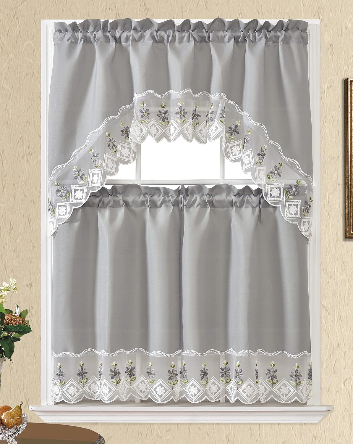 GOHD Blossom in Snow Kitchen Tiers Curtain, 3PCS Kitchen Curtains and Valances Set, Grey Fabric with Grey Flower Embroidery and White Lace. Grey