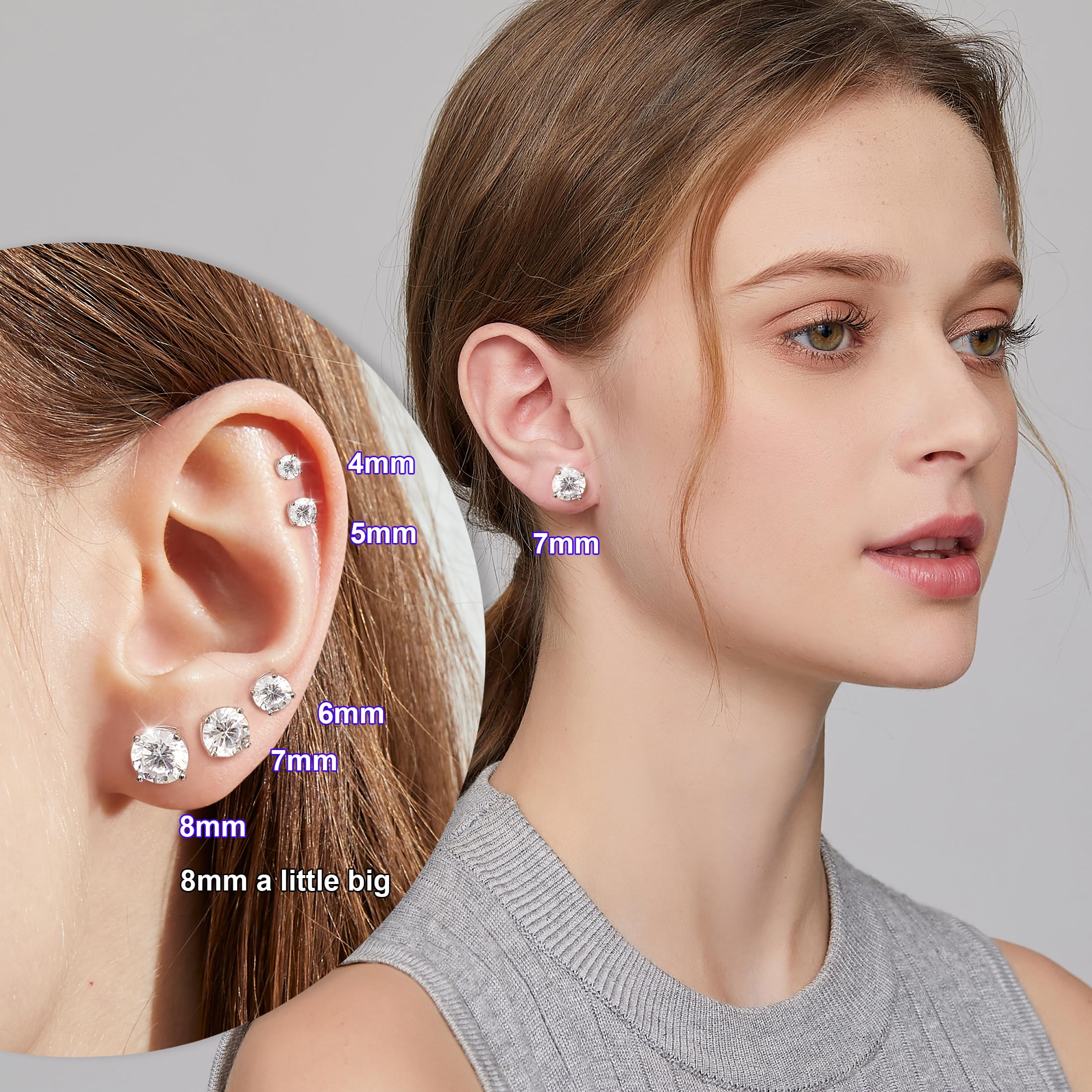 Miaofu Orecchini 18k Oro Bianco Placcata Orecchini 925 Argento Sterlina Zirconi Simulato Diamante Brillanti per Donna Uomo 4-8mm I Orecchini Zirconi Cubica Swarovski Dimensioni 3mm-8mm