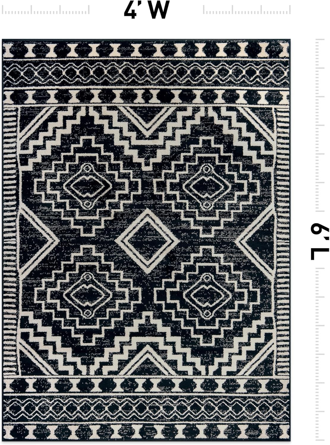 Rugshop Southwestern Black and White Tribal Area Rug – Geometric Diamond Pattern Carpet for Living Room, Bedroom, or Entryway – Boho Rustic Soft Floor Decor 4' x 6' Black