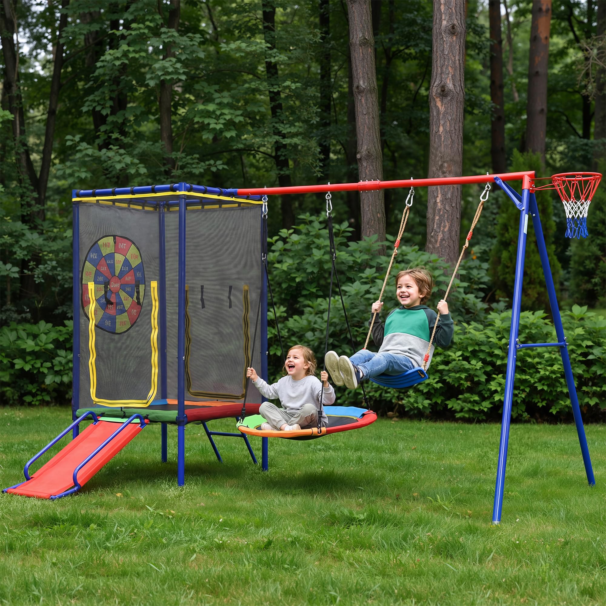 Multifuncional para niños al aire libre – Juego de columpio con trampolín, tobogán, columpio nido, canasta de baloncesto y red de seguridad