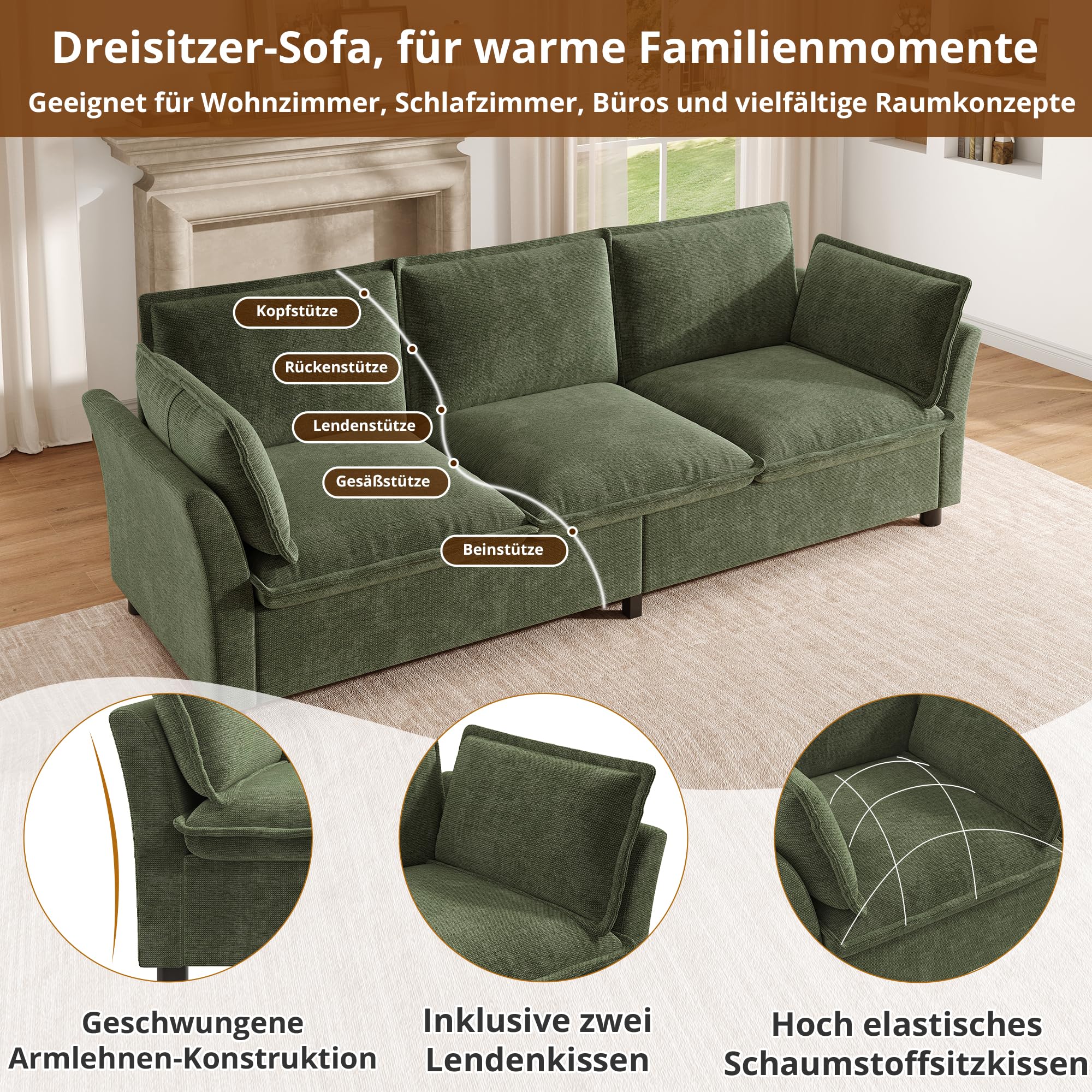 Idemon Combinación de sofá modular de 3 a 2, se puede combinar libremente, sofá de salón, tela de chenilla, 3 plazas + 2 plazas, con cojín, acolchado suave, comodidad en la nube, diseño moderno, verde