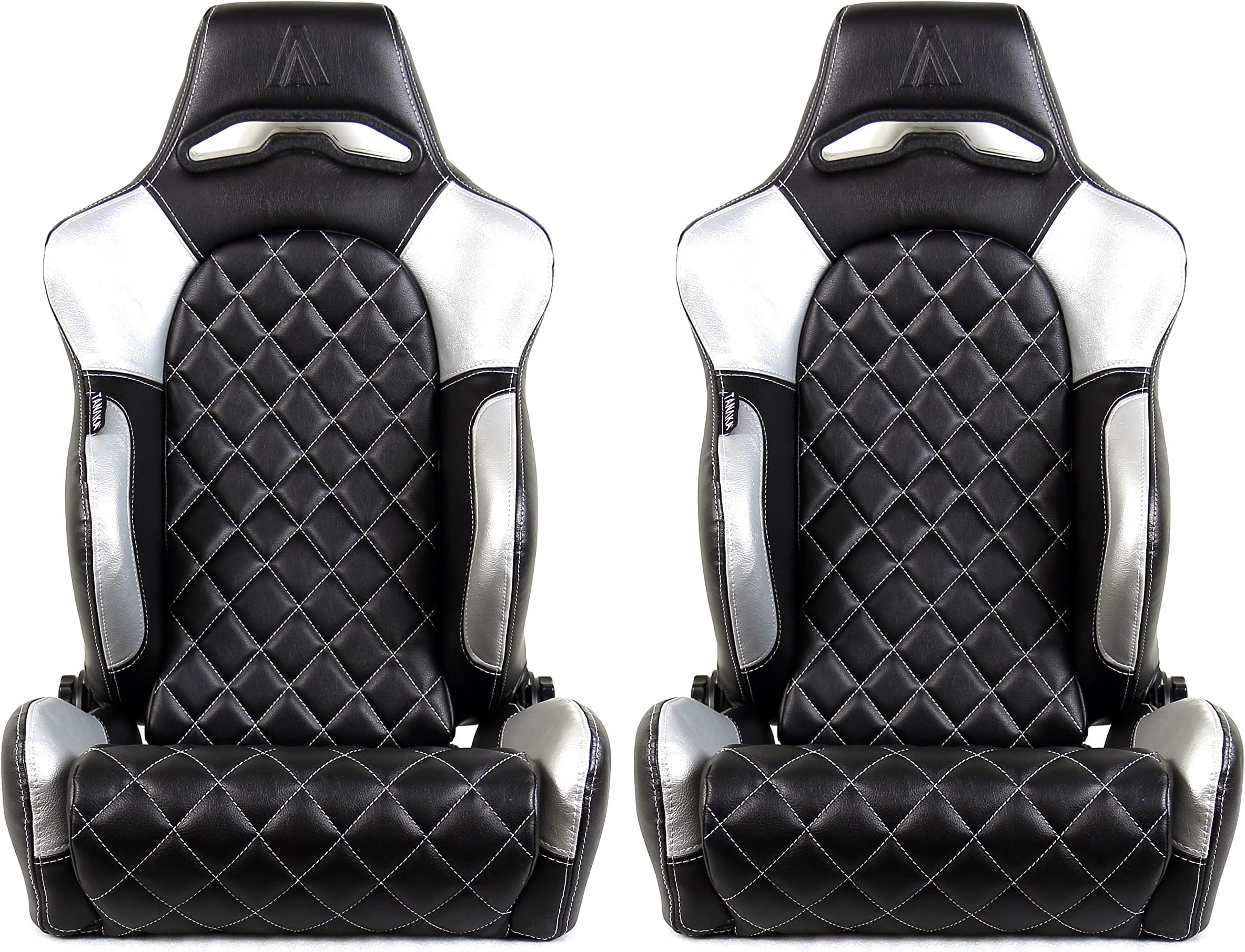 Tanaka Black Faux Leather, Dual Seat Recline Adjuster Sport Racing Seat-Pair (Silver Black)