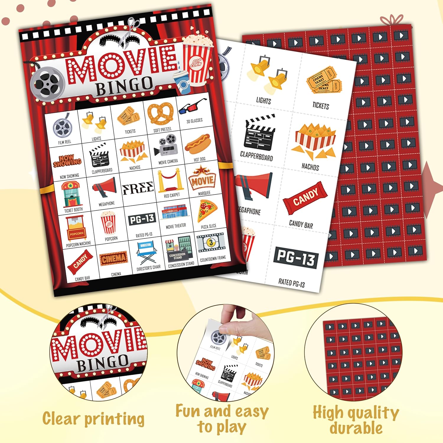 Movie Bingo Games Cards, Movie Night Party Game, Family Night Games Decor, Bingo Sets for Adults Large Group, Cinema Theme Party Activity Supplies -A10