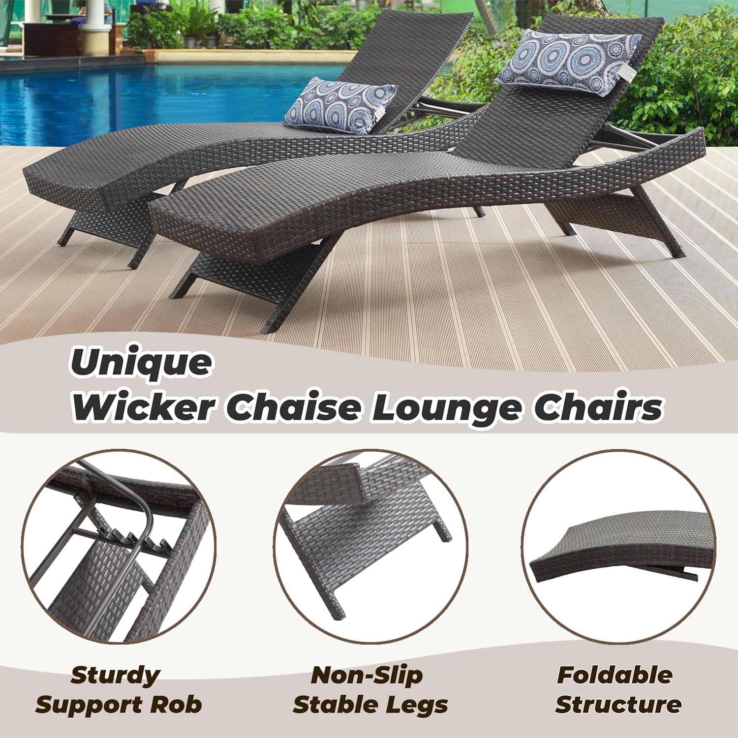 79'' Long Reclining Chair Set of 2 with Cushions, Adjustable Patio Chaise Lounge Chair, Outdoor Wicker Lounge Chair, PE Rattan Lawn Sunbathing for All Weather, Beach Poolside Garden Backyard, Brown