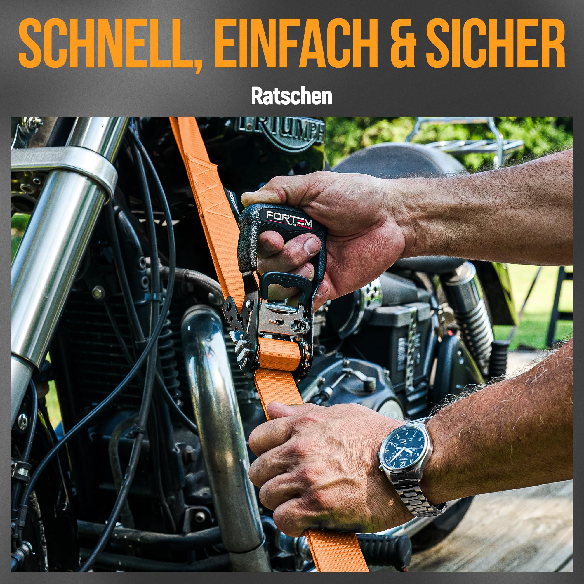 FORTEM Spanngurte mit Ratsche und Haken -Robustes 4er Spanngurt Set mit Zurrschlaufe–3,04m (2363 kg Bruchlast) -Spanngurte mit Haken (Kratzschutz Beschichtung), 4 Zurrgurte mit Ratsche, Komfortgriff