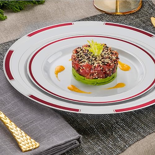 Miniatura 5 de Laura Stein Juego de vajilla de diseñador  64 platos desechables de plástico para fiesta, platos con borde Burgandy y detalles dorados, incluye 32