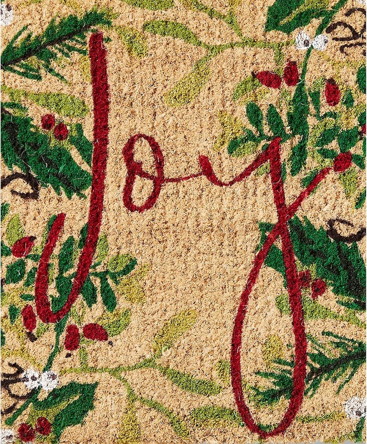 tag 1'6" x 2'6" Red Joy Sprig Sentiment Holly Rectangle Indoor Outdoor Coir Door Welcome Mat Multicolored on Beige Background 1'6X2'6" Multicolor