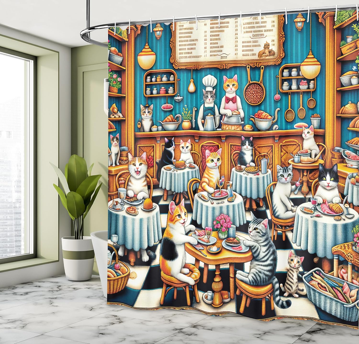 Ambesonne Cat Shower Curtain, Colorful Pixel Art Whimsical Restaurant Dinner Hall with Kitties Arcade Art, Cloth Fabric Bathroom Decor Set with Hooks, 69" W x 70" L, Sea Blue and Marigold