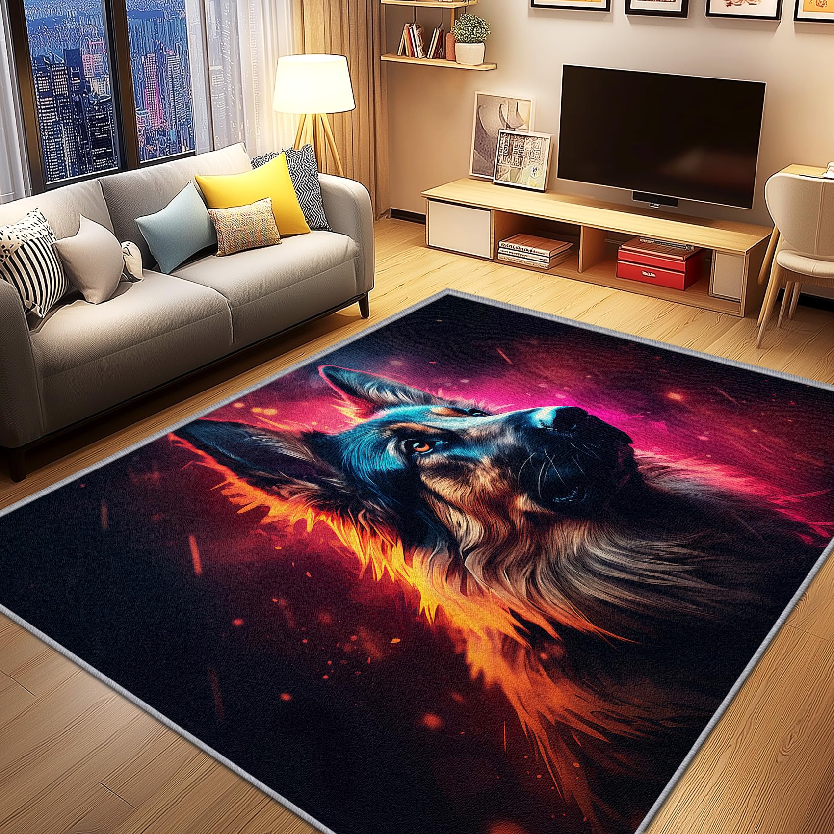 Deutscher Schäferhund Deko, Cool Hund Teppich 120x160 Kurzflor, Teppich Wohnzimmer Hundemotiv, Weich rutschfest Waschbare Teppiche, Bettvorleger Schlafzimmer Kinderzimmer