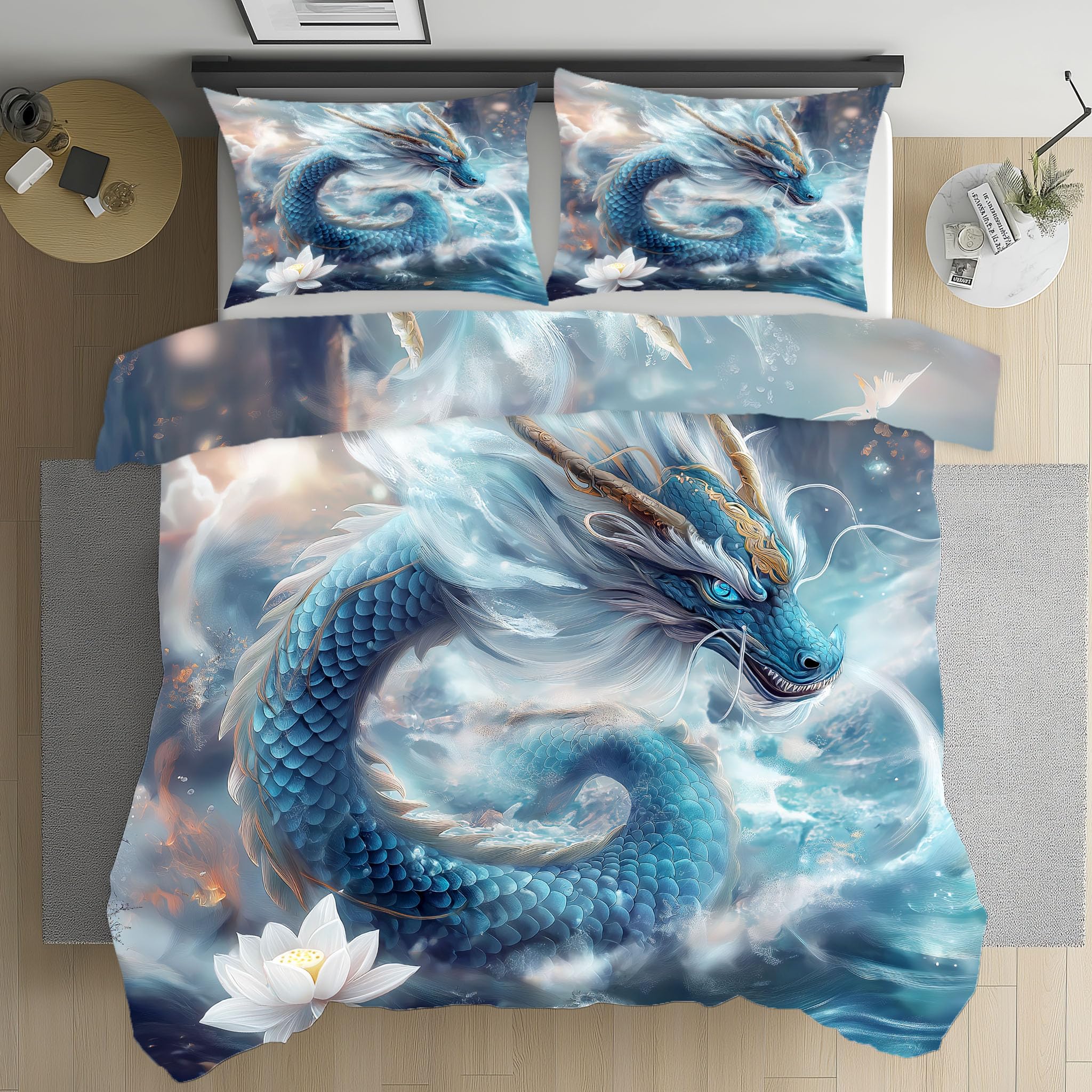Parure de Lit Lotus Fleur Dragon, Housse de Couette Animaux Mythologie