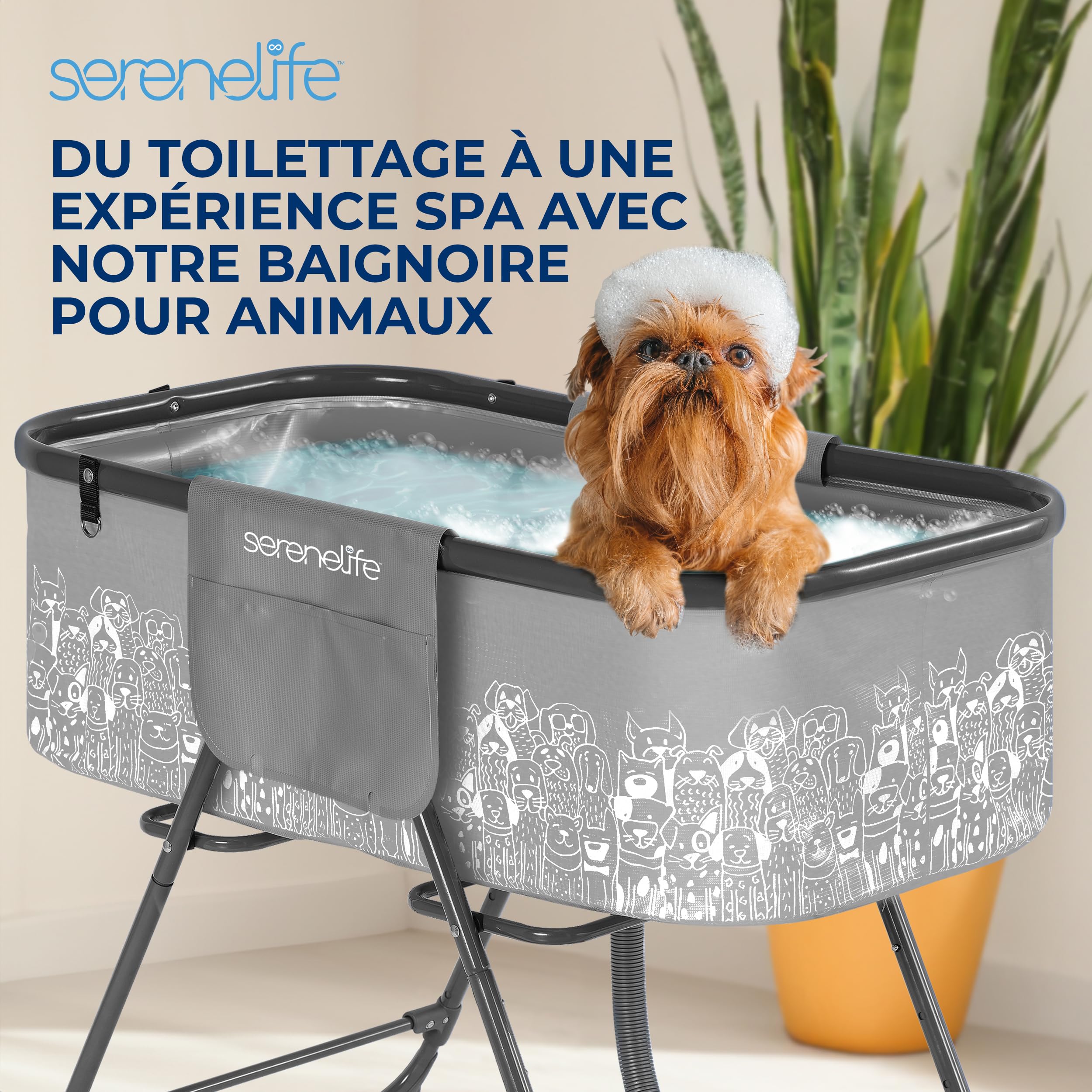 SereneLife Baignoire Pliable pour Chiens avec Hauteur Réglable, Station de Toilettage avec Drainage, Sangle de Sécurité 3 Points et Poches de Rangement, Jusqu’à 59 kg, Soin et Bain pour Chiens & Chats