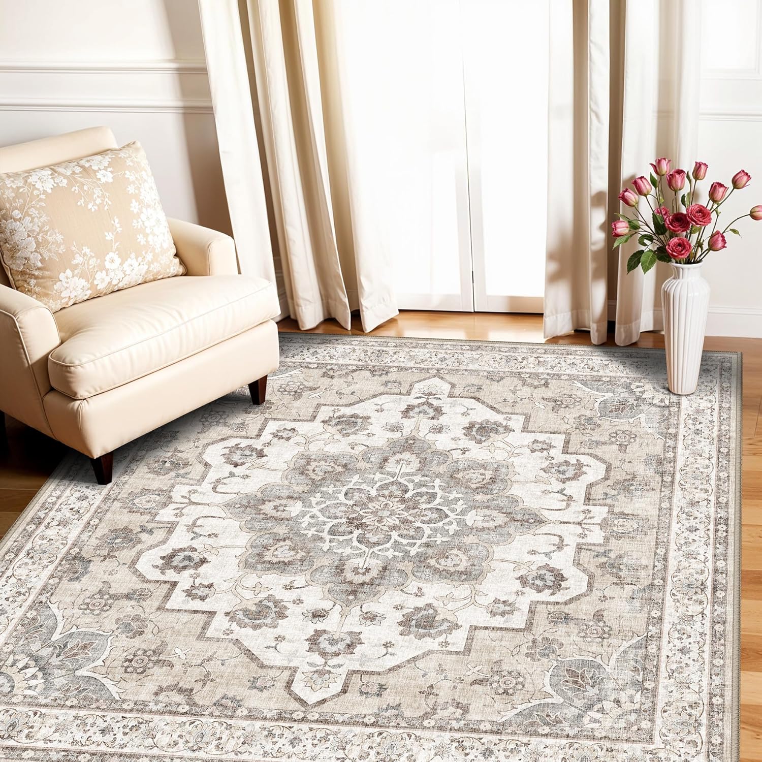 Living Room Washable Square Rug: 4x4 Soft Area Rugs for Kitchen Bedroom Bathroom Non-Slip Water Resistant Entryway Mat Low Pile Ultra Thin Small Carpet for High-Traffic Areas Home Decor (4x4,Beige)