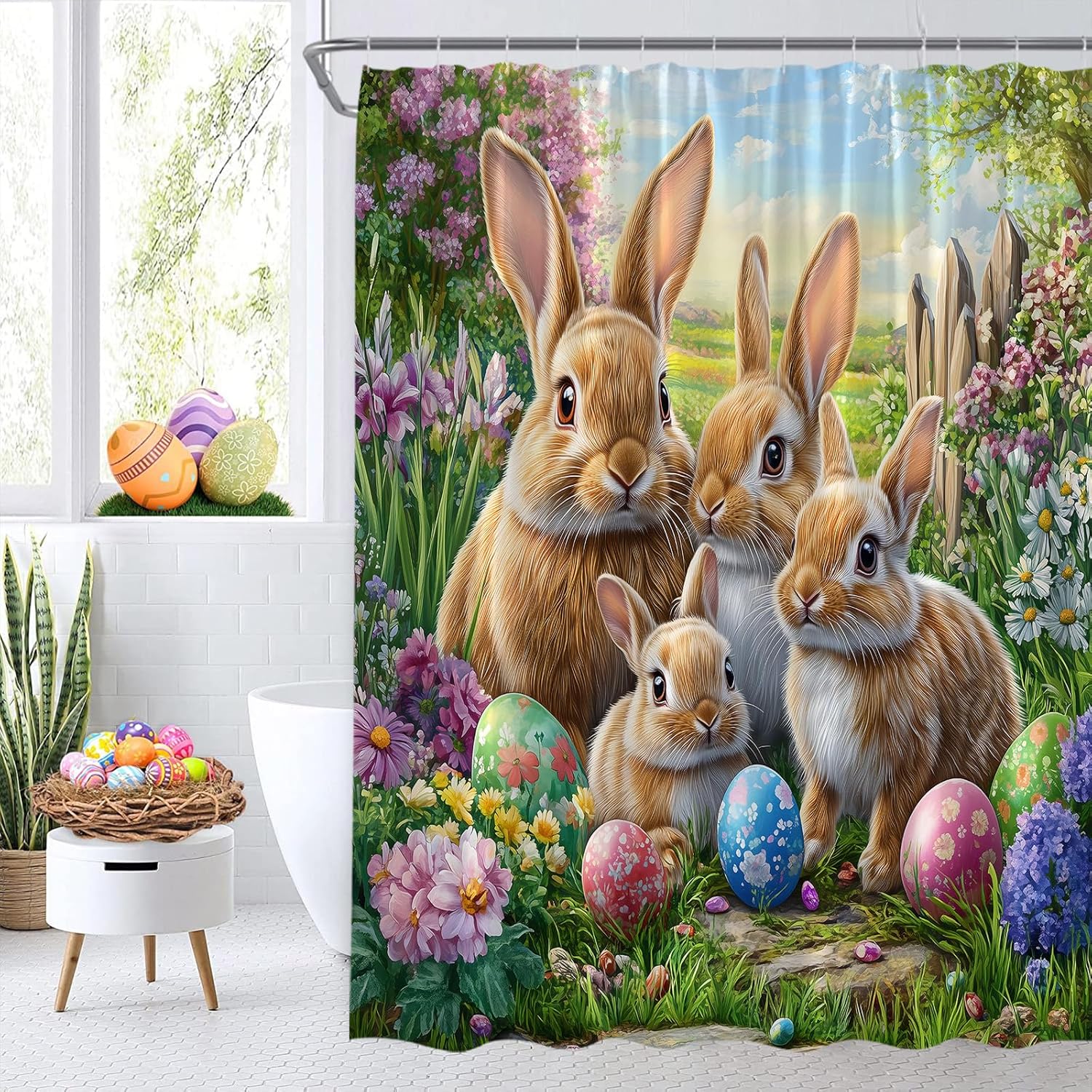 GCTNBJL Easter Shower Curtain Bunny Egg Rabbit Flower Floral Nature Spring Green Brown Purple Extra Long Bathroom Home Curtain with Hooks,70x84 Inch