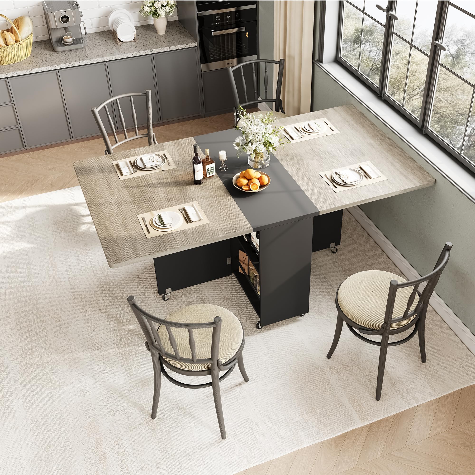 Jocoevol Table à Manger Pliable Gain de Place pour 4 Personnes, Table de Repas Pliante avec Tiroir et étagère de Rangement, Table de Cuisine et de Salle à Manger à Plateau Rabattable équipée (Gris)