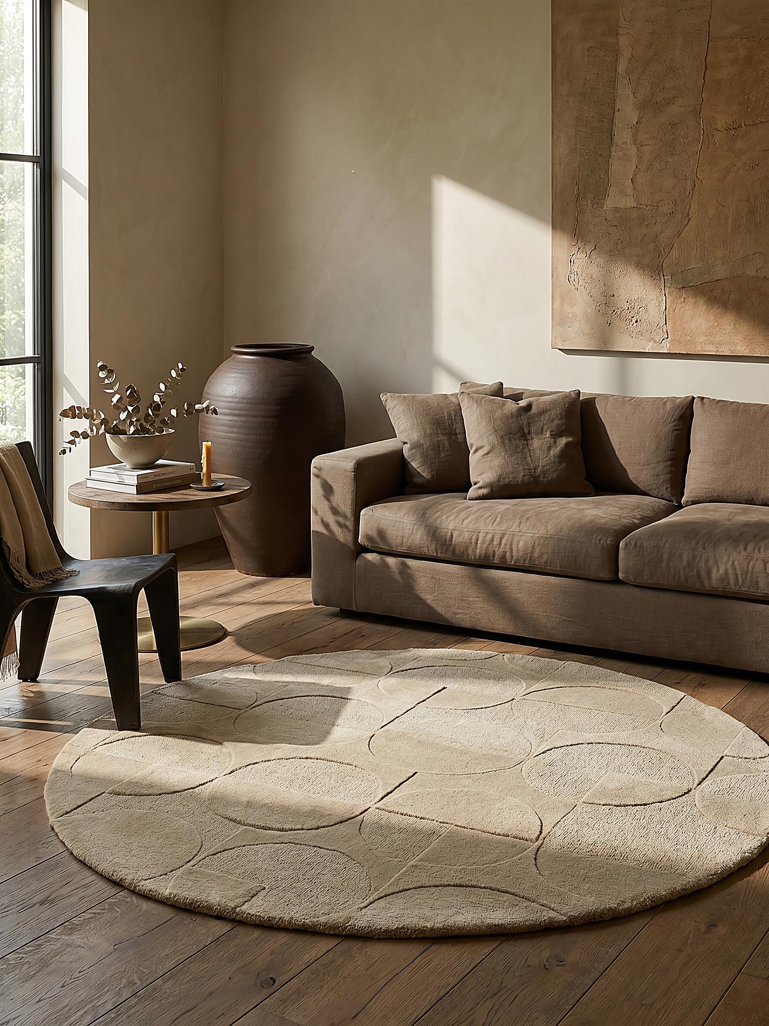 Tapis en Laine Motif Géométrique Dense et Robuste Naturel Ø 160 cm Rond Salle à Manger | DEBEN