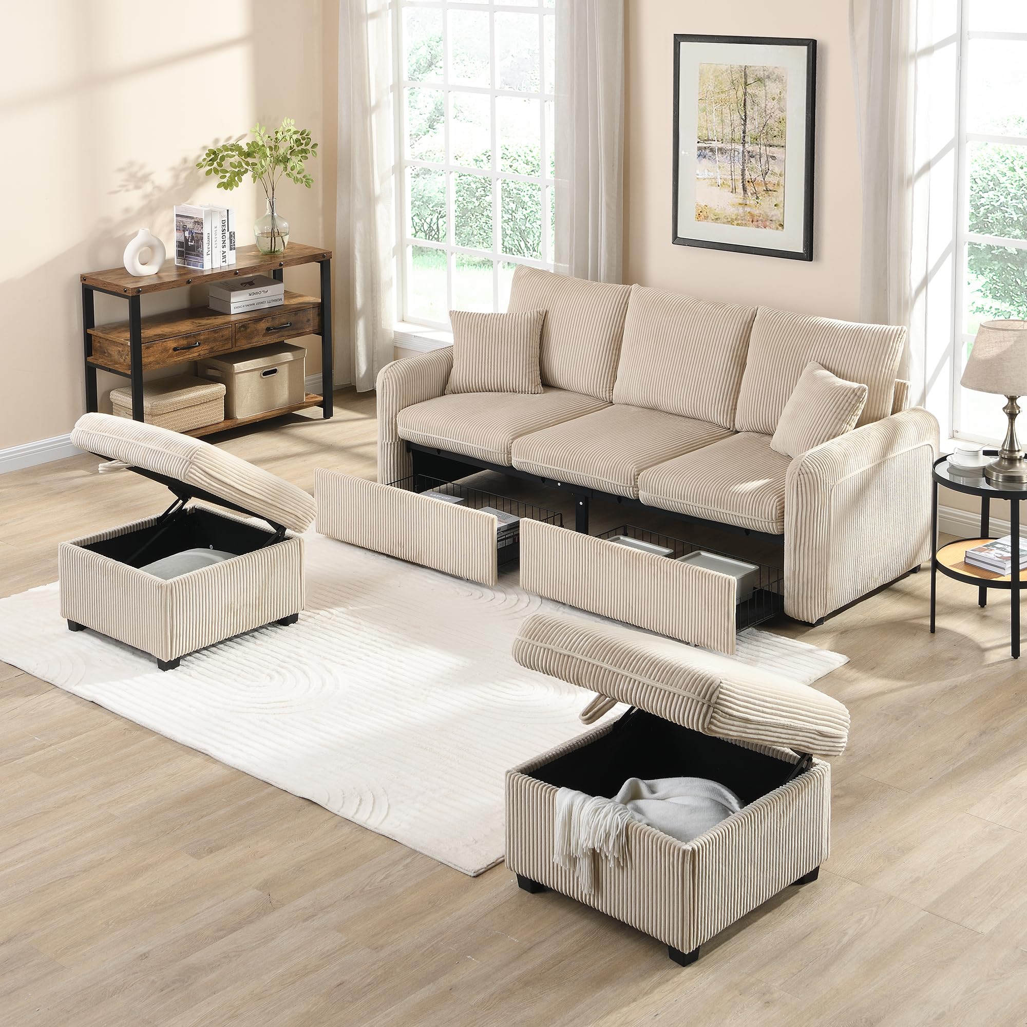 188x186x86 cm Canapé d’Angle Modulable en U, Canapé Convertible 3 Places, avec 2 Repose-Pieds, Rangement Intégré, Chenille, pour Salon, Bureau (Beige)