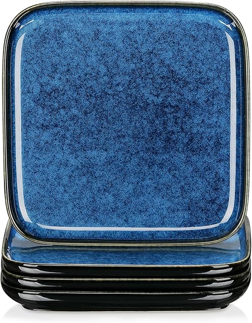 vancasso Stern Square 4-Piece Dessert Plate Set, Reactive Glaze Blue 7.3in Salad/Fruit/Snack/Side Plate, Ceramic Crockery in Vintage Look. (18.5x18.5x2cm)
