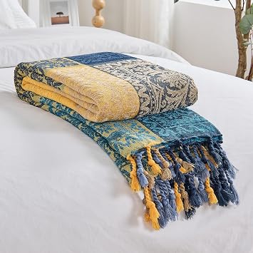 DECMAY Chenille Jacquard Boho Throw Blanket with Tassels, Throw for 2 3 4 Seater Sofa, Tartan Blankets and Throws for Bedspreads Armchairs Furniture Bed Throw (Blue Yellow, 150 x 190 cm)