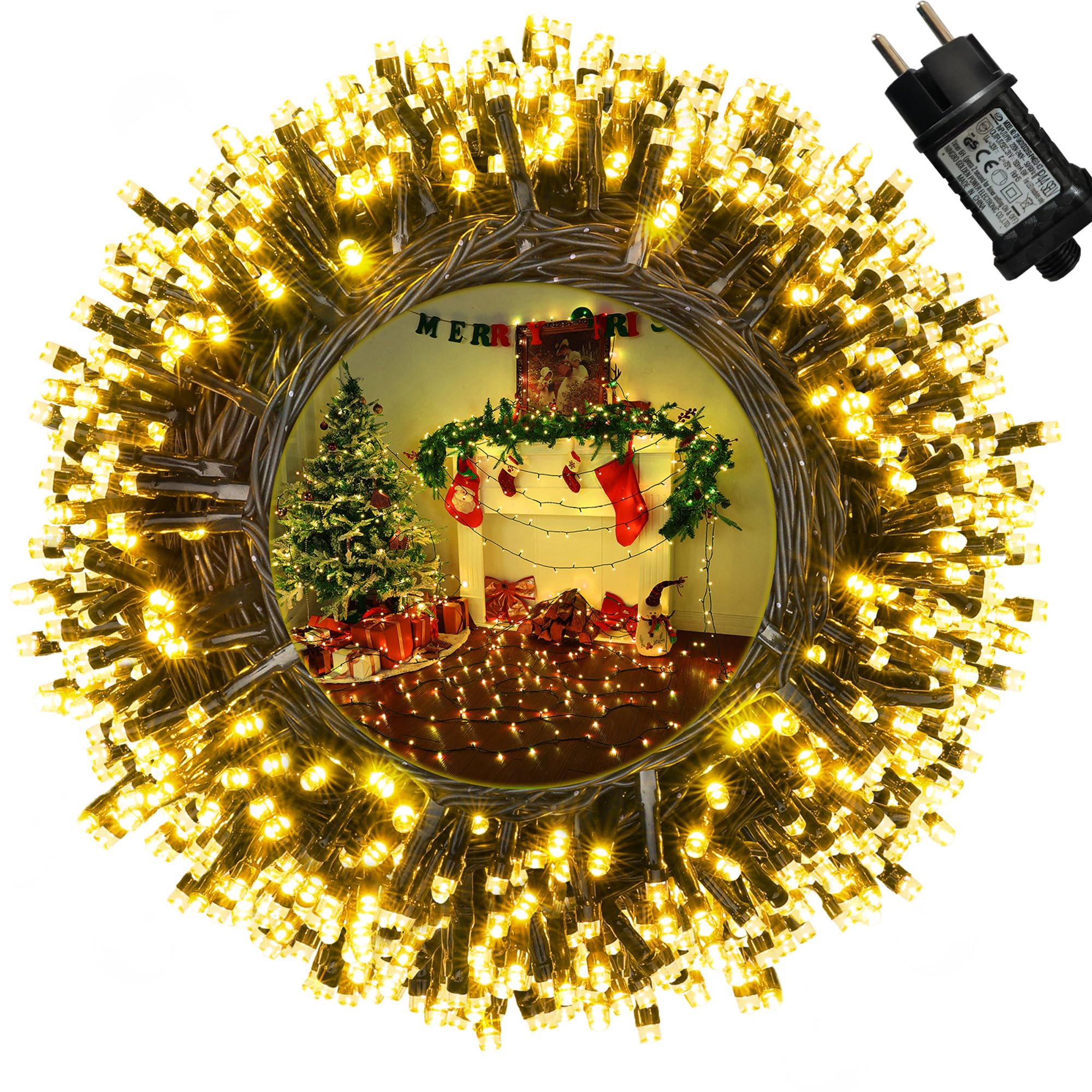 Qedertek Luci Albero di Natale, Catena Luminosa 20M 200 LED, Luci di Natale Esterno ed Interno, Cavo verde scuro, Luci Bianco Caldo Addobbi Natalizi Esterno, Luci Natalizie da Esterno ed Interno
