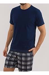Winovia Pigiama Corto da Uomo, 100% Cotone, a Maniche Corte, Set da Notte con Scollo Rotondo e Pantaloni a Quadri