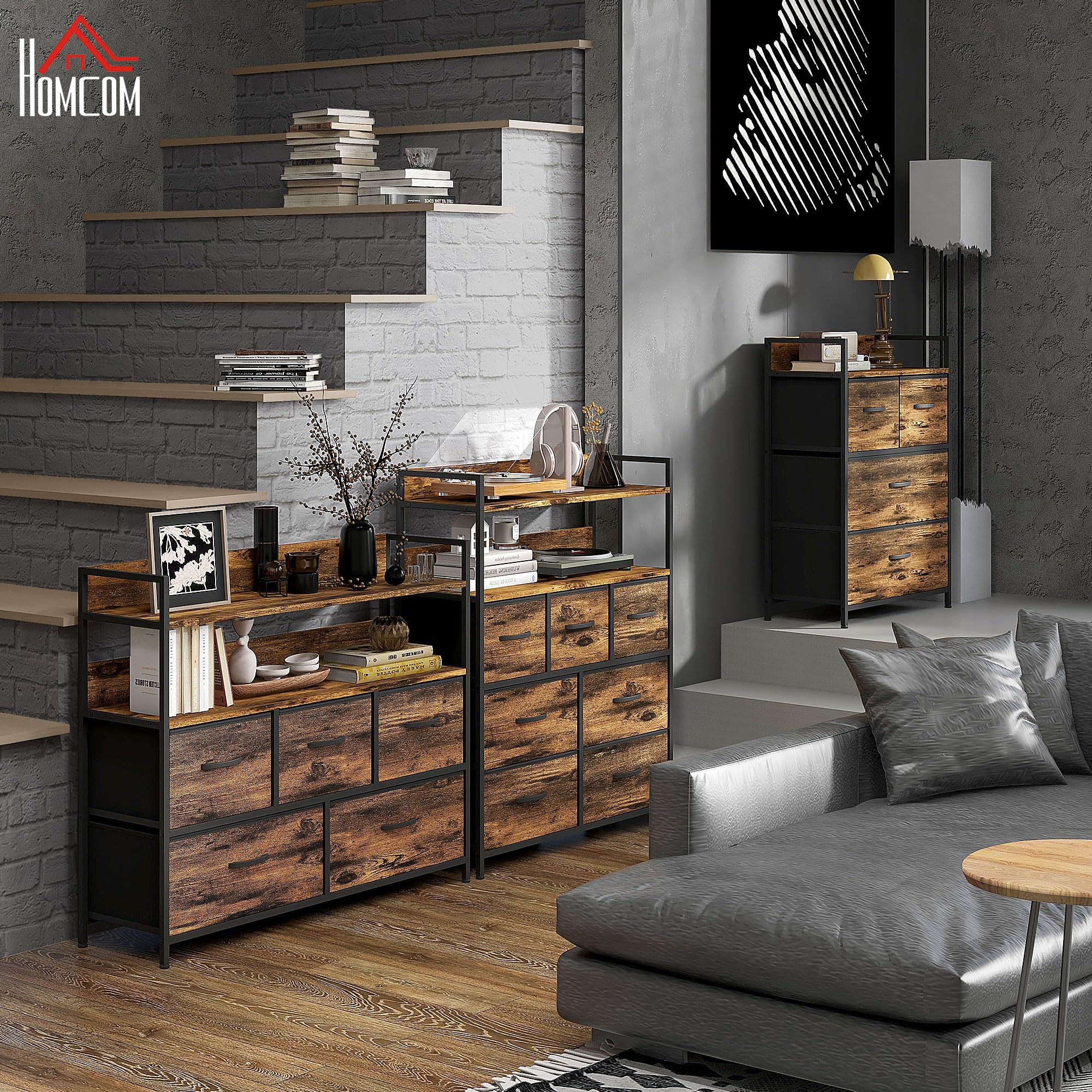 HOMCOM Commode avec 5 Tiroirs en Tissu Pliables, Brun Rustique | Commode Chambre, Meuble de Rangement, Étagères Ouvertes, Plateau, Cadre en Acier, Style Industriel, pour Chambre, Salon