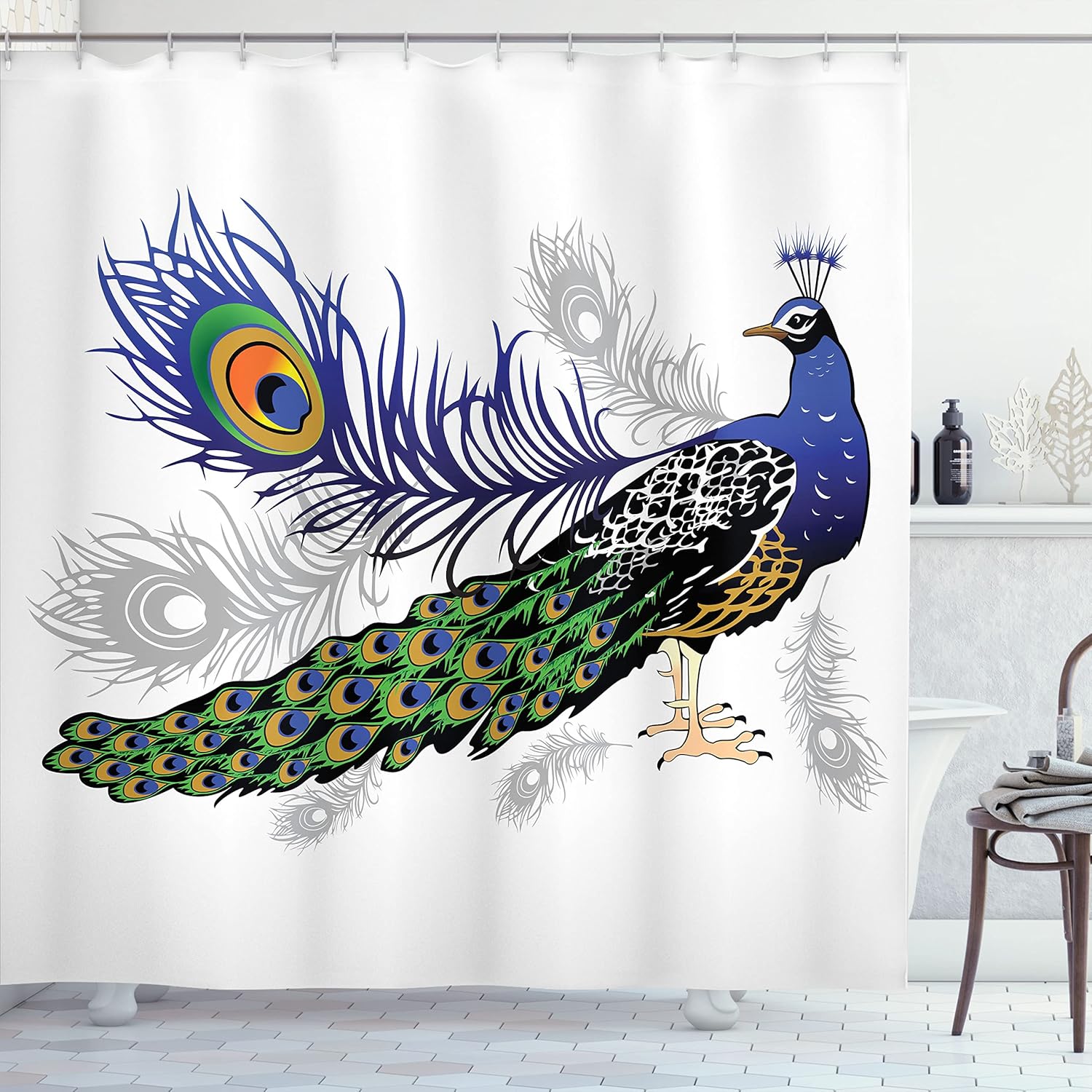 Ambesonne Peacock Shower Curtain, Male Peacock Feathers Springtime Wilderness Crowned Majestic Animal Pattern, Cloth Fabric Bathroom Decor Set with Hooks, 69" W x 70" L, Night Blue Charcoal Grey