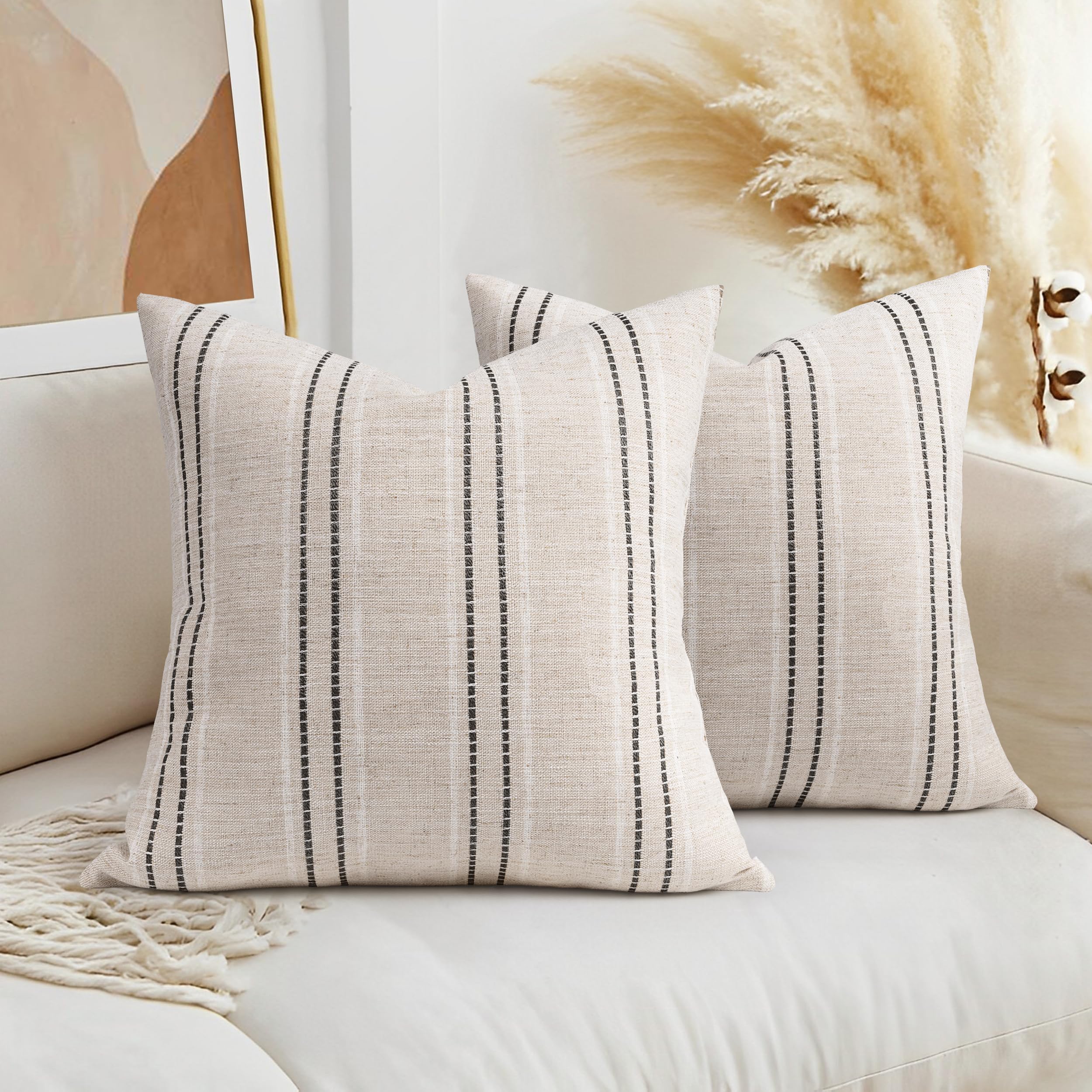 Aels Beige With White & Black 18X18 Decorative Farmhouse Linen Throw Pillow Covers, Boho Textured Pillow Case, Set Of 2, Stitch Yarn Dyed Stripe Cushion Cover For Sofa Couch Living Room (Cover Only)