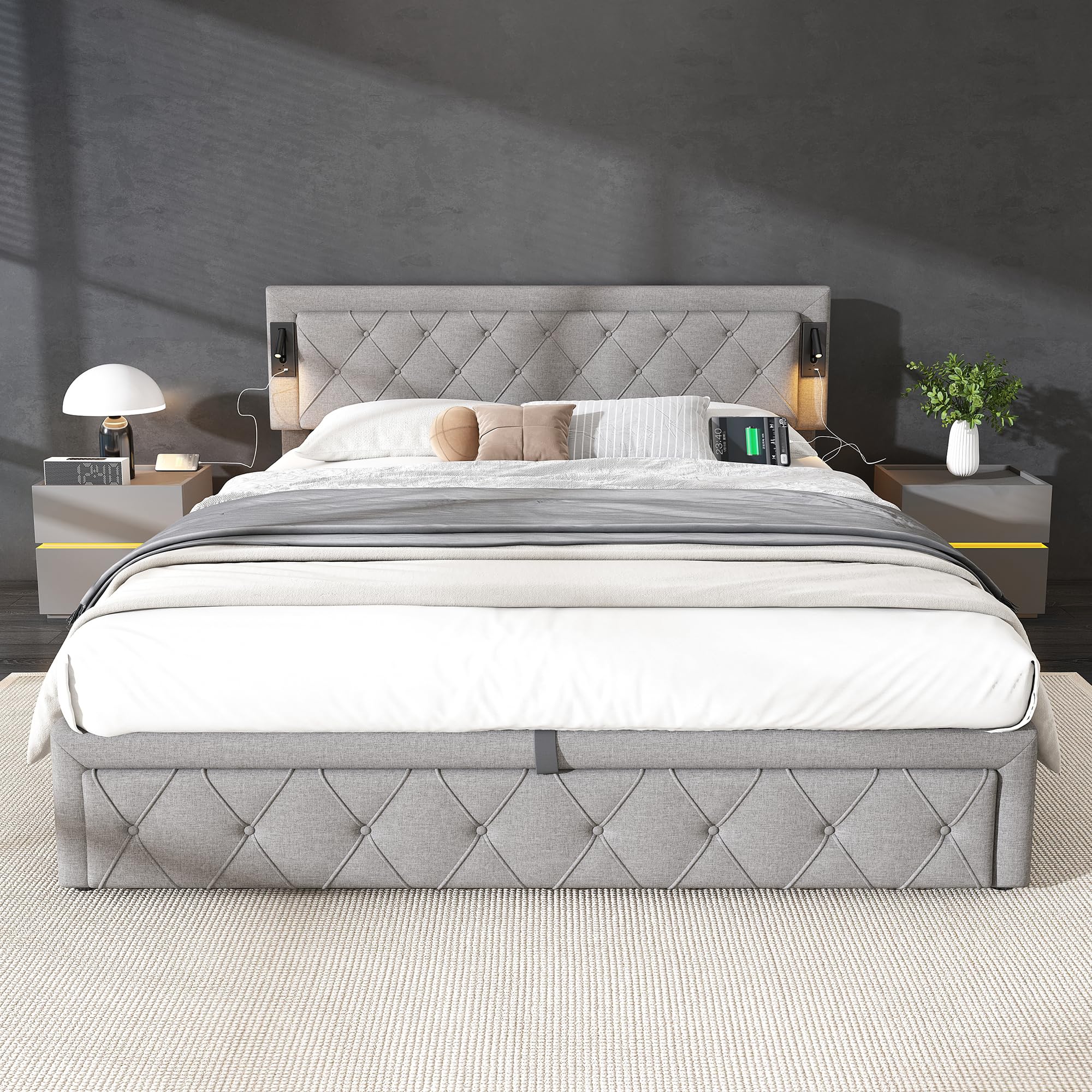 Aoskem Polsterbett 180x200 cm Doppelbett mit Stauraum, Kopfteil mit Leselicht & USB-Ladestation, Stauraumbett Bettgestell mit Lattenrost, Jugendbett Rückenlehne Flachbett, Ohne Matratze, Leinen Grau