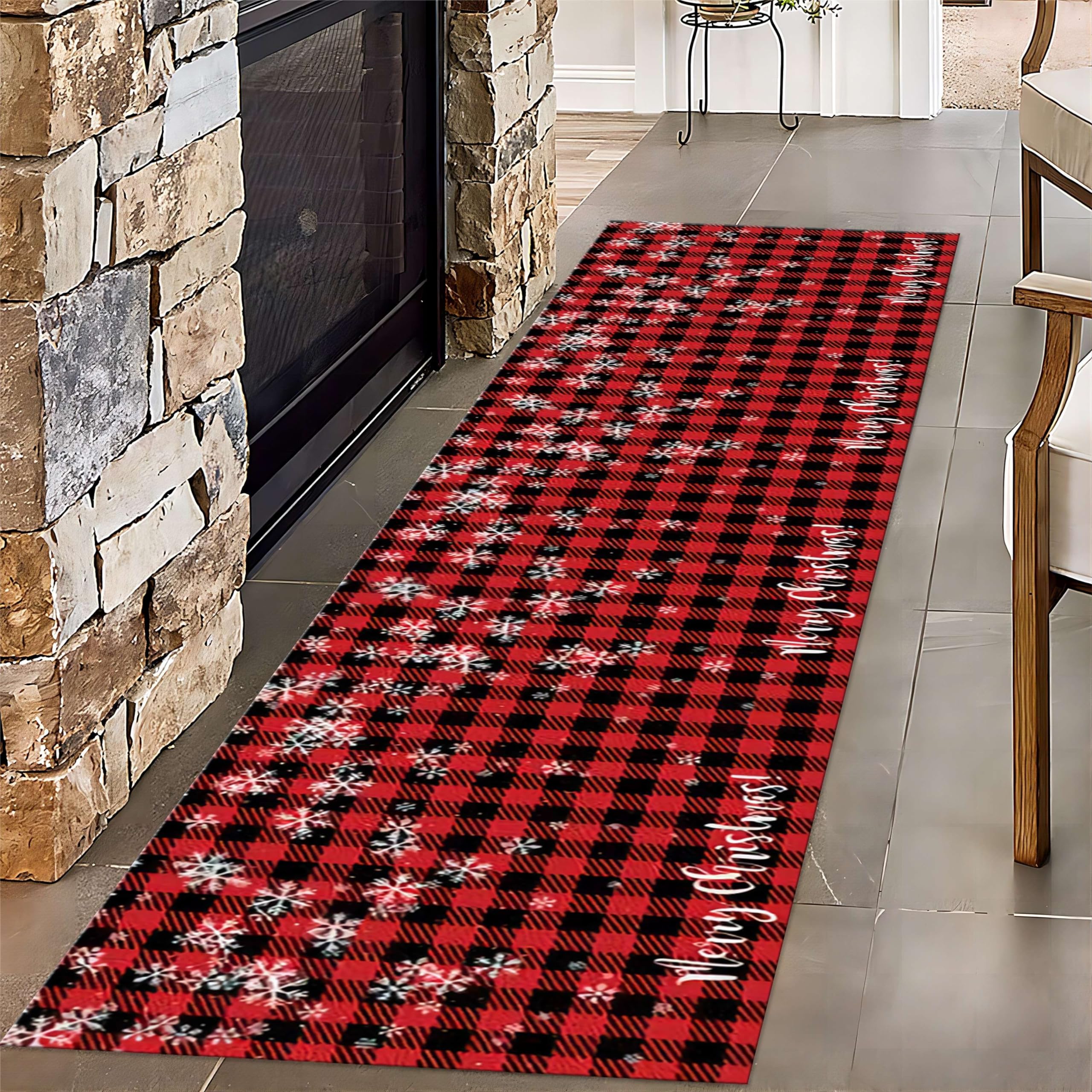 ZLXMN Mery Christmas Runner Rug, 4x10ft, Vintage Black red Checkered Kitchen Rugs?Winter White Snowflakes Hallway Rug, for Bathroom Laundry Room Rug Christmas Anti-Slip Washable Runner Rugs
