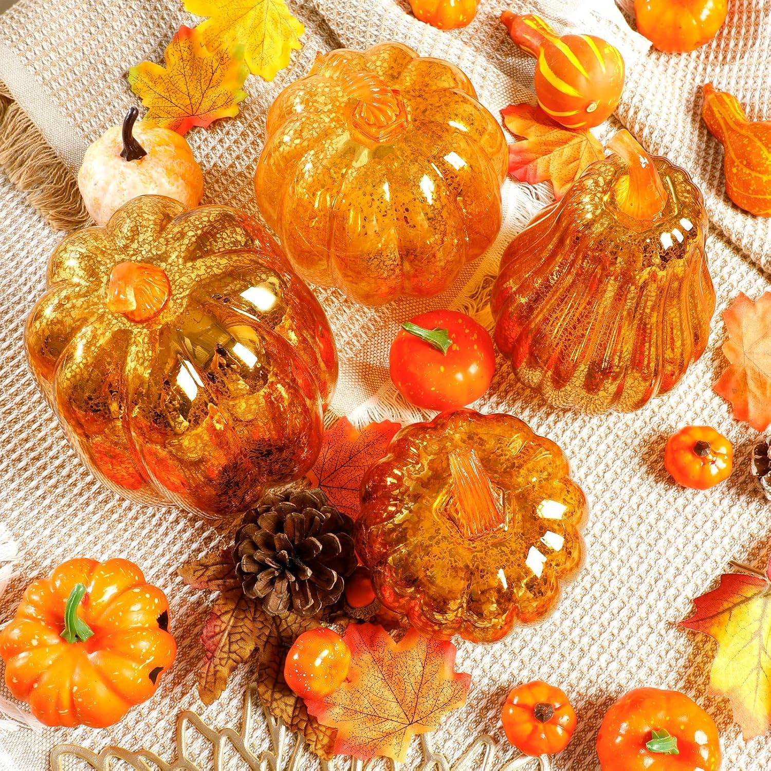 4 Pack Glass Pumpkin with Lights and Timer 4 Size Lighted Mercury Glass Pumpkins for Fall Halloween Thanksgiving Decorations Home Table Centerpieces Porch Battery Operated (Gold)