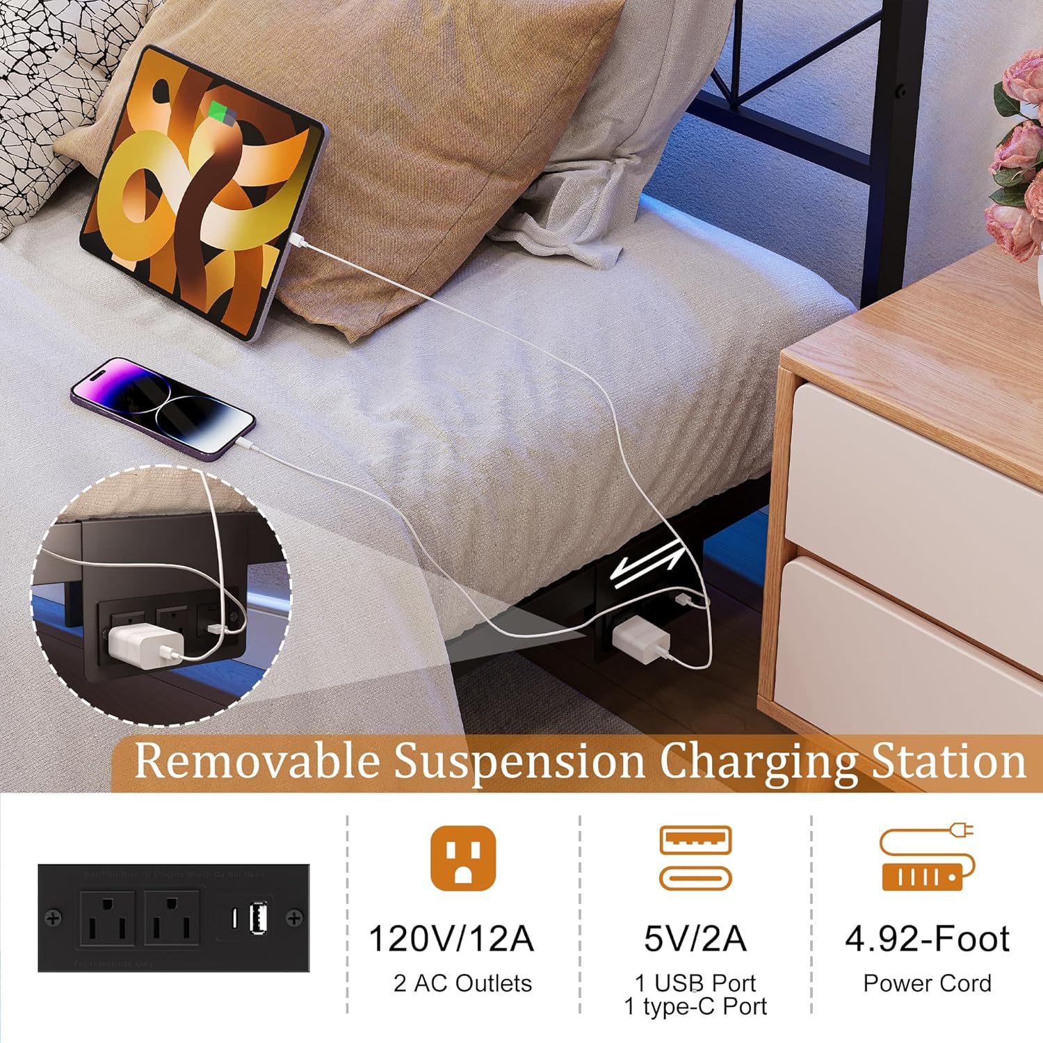 HAUSOURCE Full Size Floating Bed Frame with Storage Headboard Metal Platform Bed Frame with LED Lights and Charging Station Easy Assembly No Box Spring Needed - Image 5