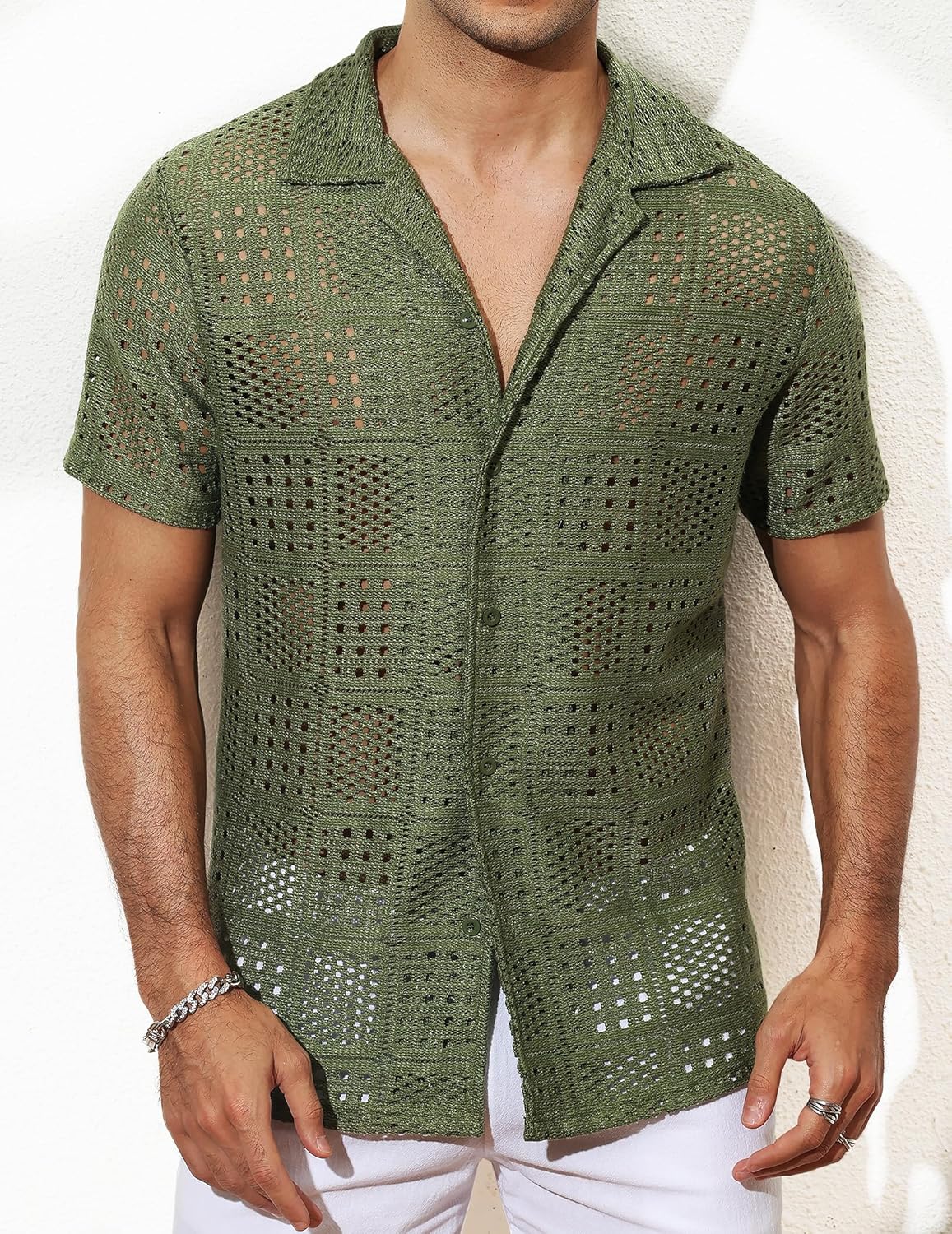 Mens Sexy Lace Shirt Casual Button Down Hollow Out Sheer See Through Short Sleeve Beach Shirts - Image 5