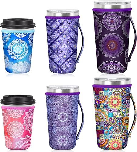 6 fundas reutilizables para taza de café helado, estilo mandala, flores, fundas aislantes de neopreno adecuadas para café frío caliente o bebida