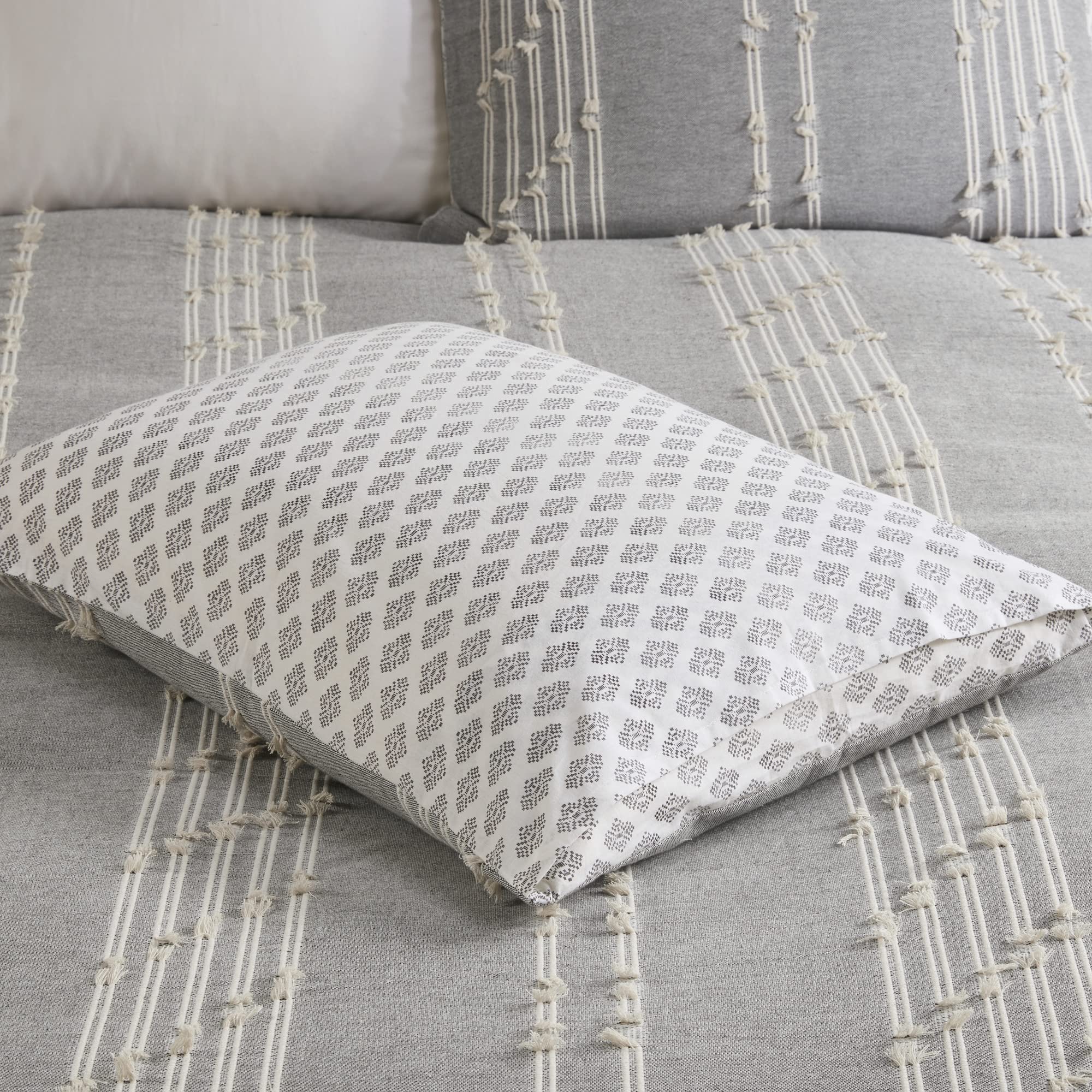 INK+IVY Kara Cotton Comforter Set, Clipped Jacquard Stripes and Diamond Printed Reverse, Modern