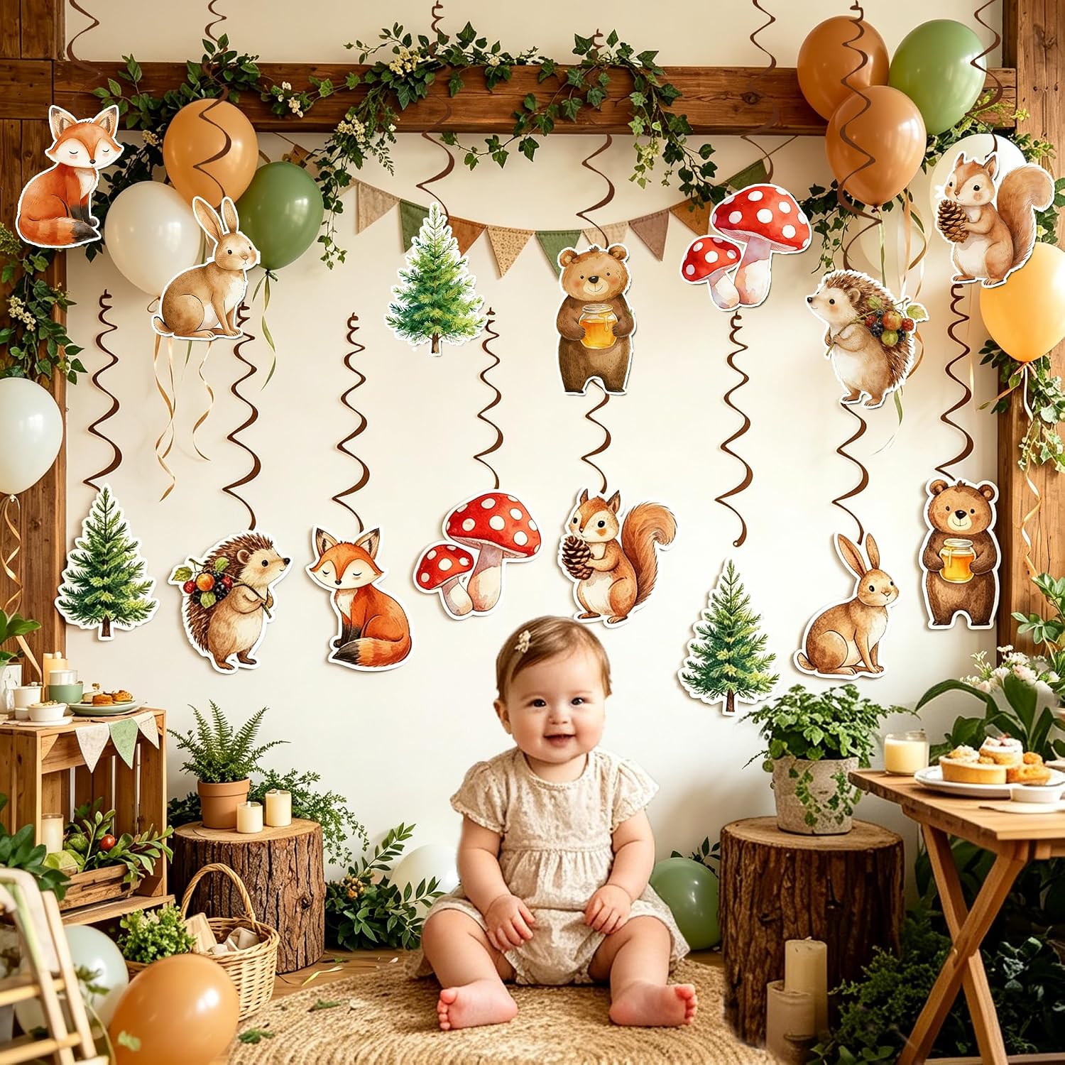 16 Pcs Woodland Baby Shower Decorations Woodland Animals Hanging Swirls Forest Animal Ceiling Streamers for Oh Baby Birthday Gender Neutral Party Supplies (Brown)