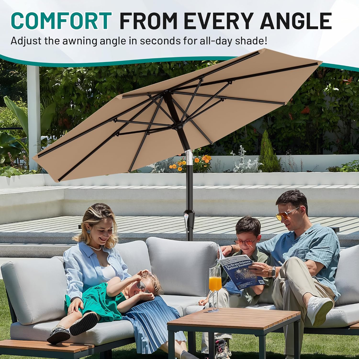 AreShark 10 FT Outdoor Patio Umbrella, Patio Table Umbrella with Push Button Tilt and Crank, Outdoor Patio Umbrellas with 8 Fiberglass Ribs, Patio Umbrellas for Market, Garden, Pool (Beige)