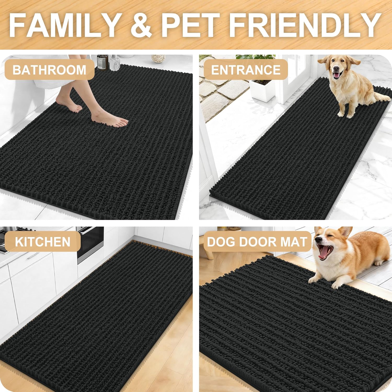 OLANLY Long Bathroom Rugs Runner 59x20, Thick Soft and Absorbent Chenille Bath Mat, Non-Slip, Machine Washable Quick Dry Bath Rugs for Tub Shower Floor, Home Decor Accessories, Black