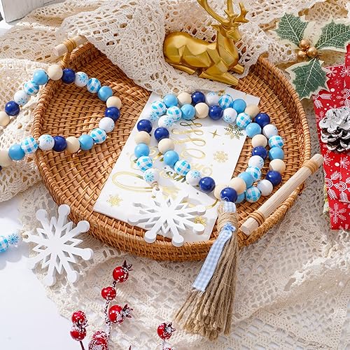 Miniatura 5 de Whaline 2 guirnaldas de cuentas de madera de invierno con colgantes de copo de nieve, cuadros de búfalo azul y blanco, adorno rústico para colgar en