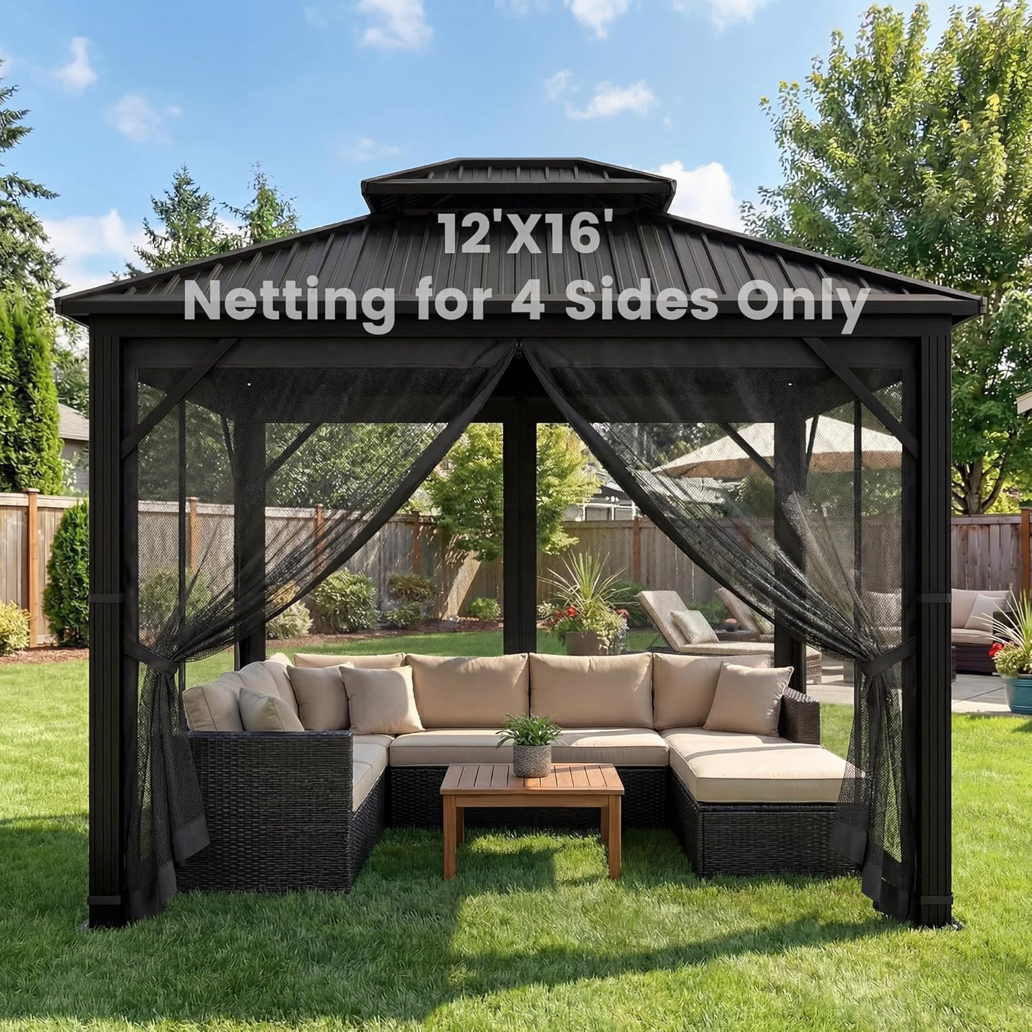 OLILAWN Gazebo Universal Replacement Mosquito Netting, 12' x 16' Outdoor Canopy Net Screen 4-Panel Sidewall Curtain, with Zippers, Easy to Install, Fit for Most Gazebo 12x16 Canopy, Black 12' X 16' Black