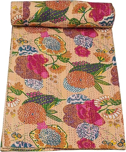 Miniatura 10 de Marubhumi Colcha Kantha reversible de algodón puro cosido a mano con estampado de frutas indias, edredón Kantha reversible (C verde, Queen (90 x 108
