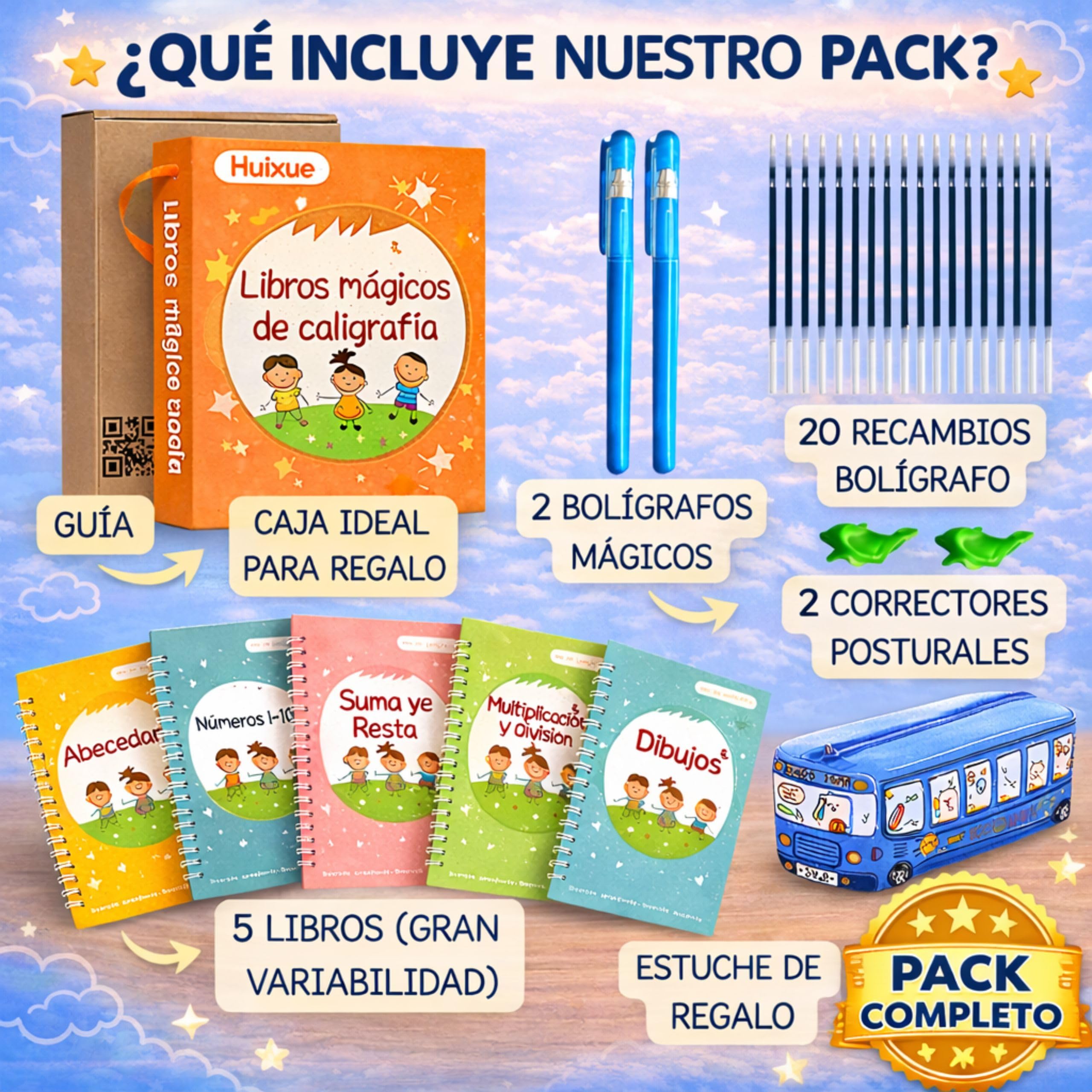 Caligrafia Niños de 4 hasta 8 Años - Cuaderno Caligrafia Infantil Aprender a Escribir y Dibujar - 5 Libros Magicos de Escritura Trazado de Lineas -Incluye Boligrafos Magicos, 20 Recambios y un Estuche