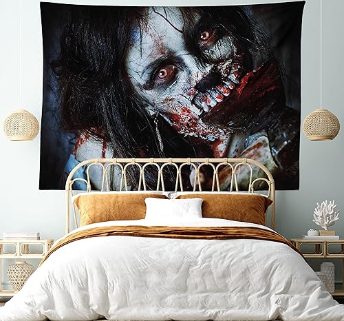 Miniatura 5 de Ambesonne Tapiz de zombi, mujer muerta aterradora con una herramienta sangrienta, fantasía malvada, misterio gótico, imagen de Halloween, para