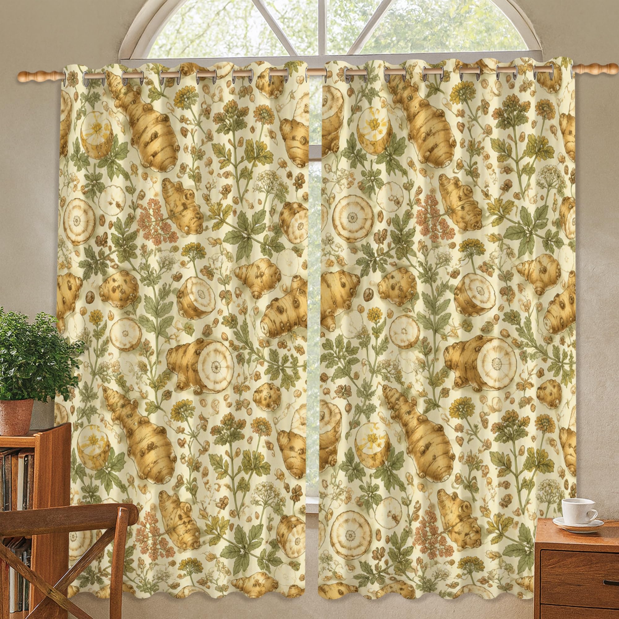 Rideau occultant beige à motif botanique automnal 132x137 cm