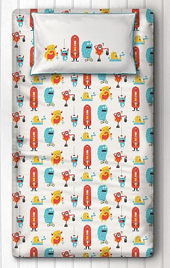 Silverlinen Silly Monsters 100% Cotton 250 TC Single Bedsheet for Kids Room for Boys and Girls with One Pillow Cover - Red