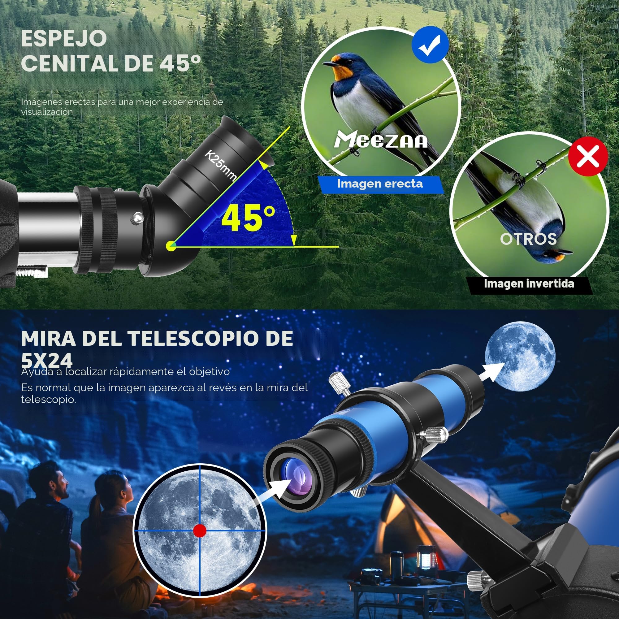 MEEZAA Telescopio, Telescopio Astronómico Profesional para Adultos Niños y Principiantes, 90 mm Apertura 800 mm Telescopios Refractor Portátil con Trípode, Bolsa, Adaptador de Teléfono y Filtro Lunar