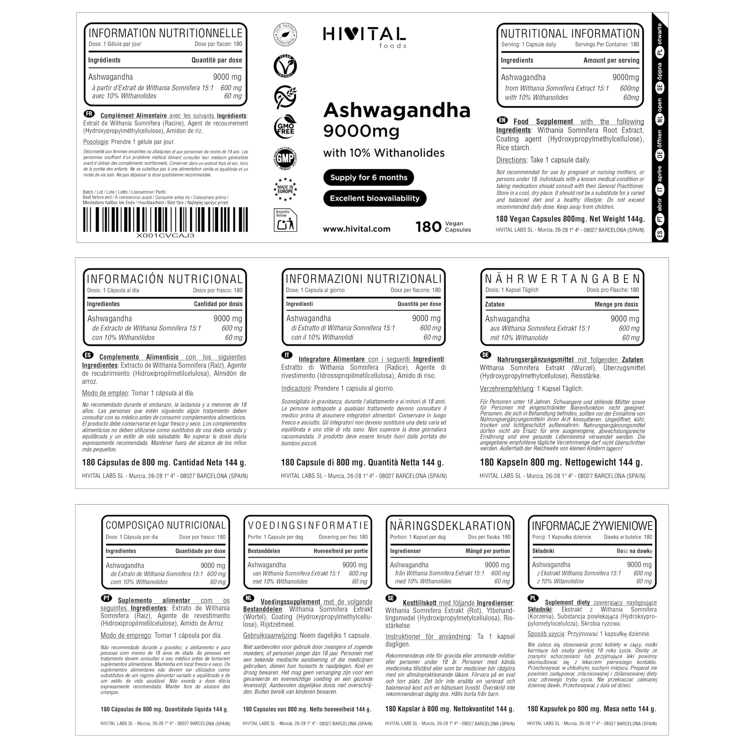 Ashwagandha 9000 mg. 180 gélules végétaliennes pour 6 mois de traitement. Extrait de Withania Somnifera avec 10% de Witanolides. Ginseng Indien. Absorption maximale. Fabriqué en Europe par HIVITAL