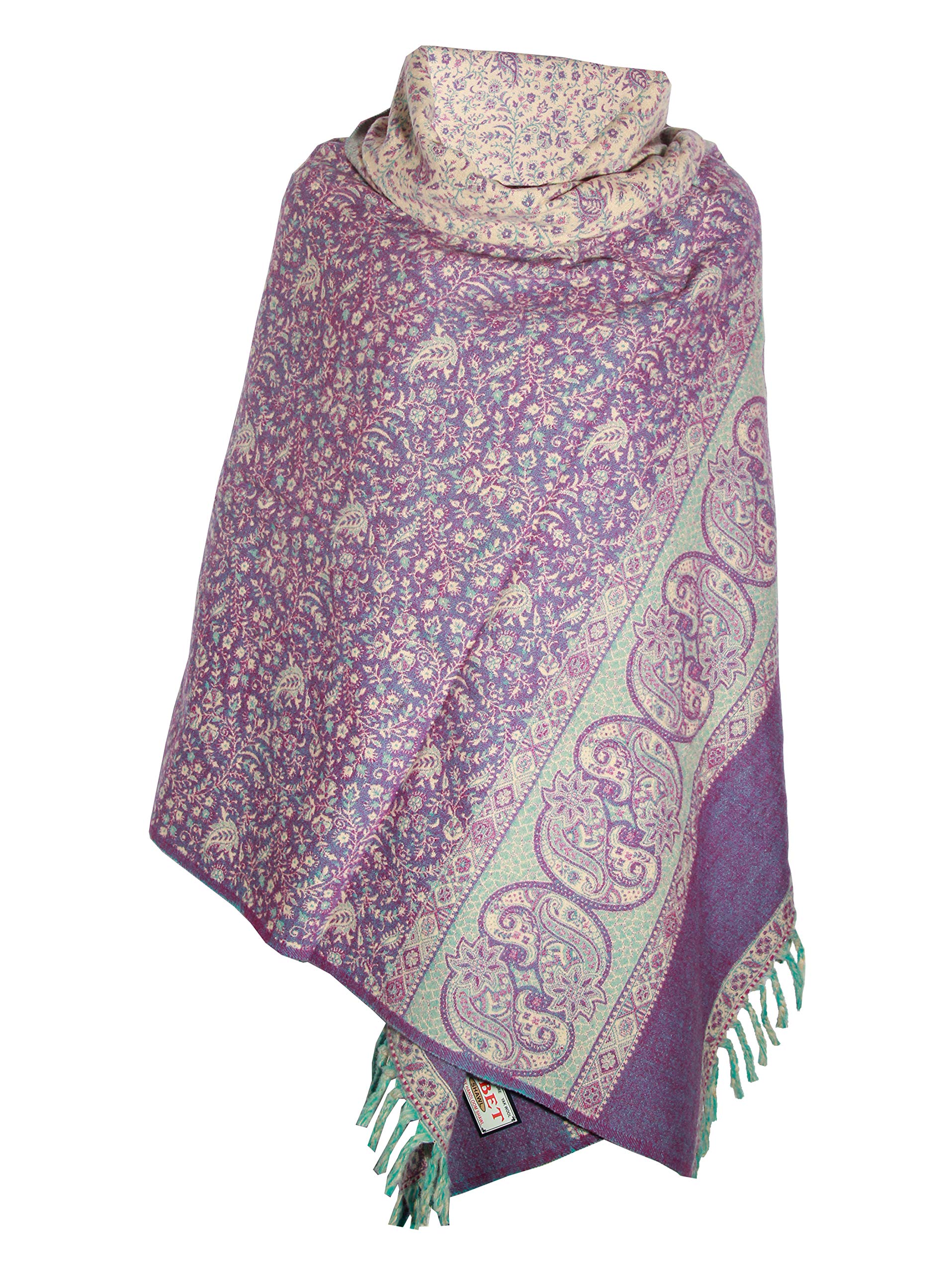 TIBET Paisley-Schal, handgefertigt, reine Yakwolle, doppelseitig, übergroß, Violett / Beige, Lila Beige, One size