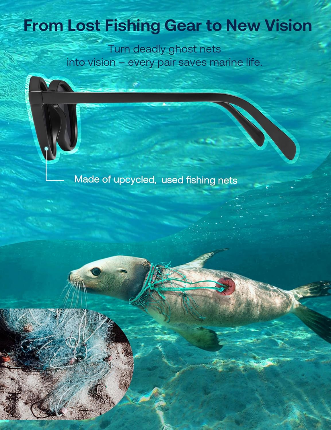 SOJOS Ocean Collection Polarized Retro Round Sunglasses for Women Men Recycled Fishing Net Frame Eco-friendly, Arctic Ocean - Image 2